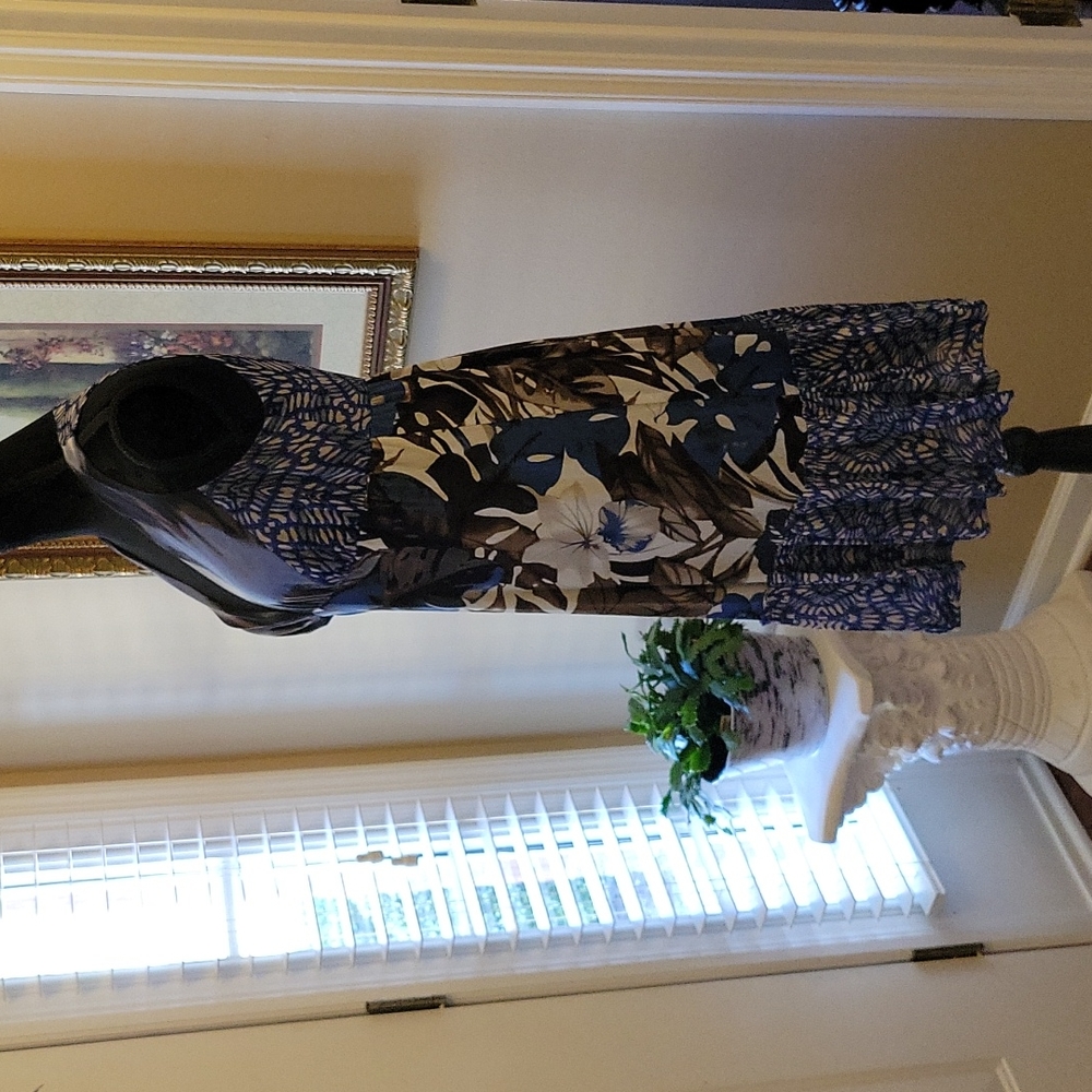 Karen Kane blue brown black floral Vneck sleeveless dress empire waist S…EUC - Picture 3 of 7